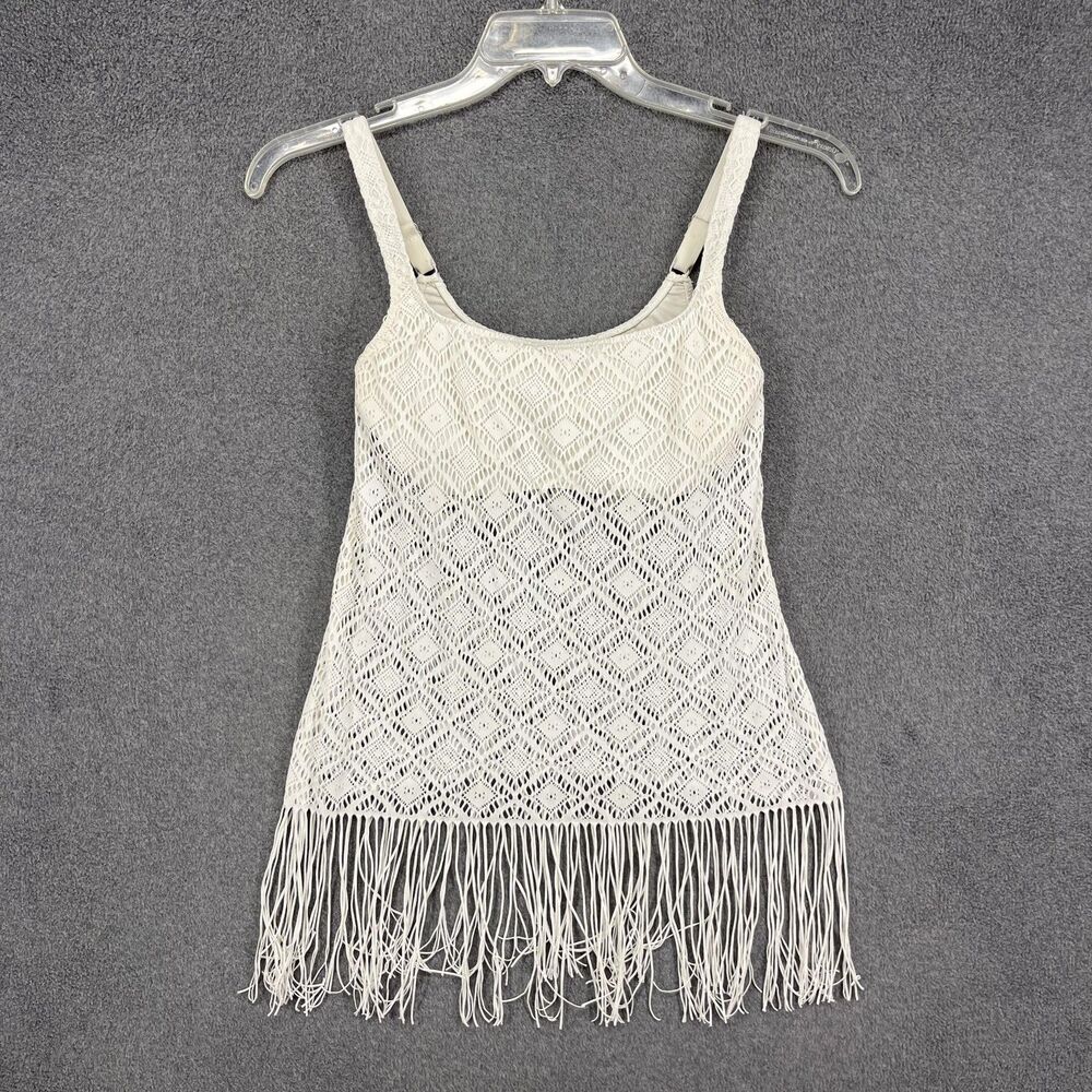 Profile by Gottex Tankini Top Womens 32D White Crochet Fringe Swimsuit‎ 626-1D37
